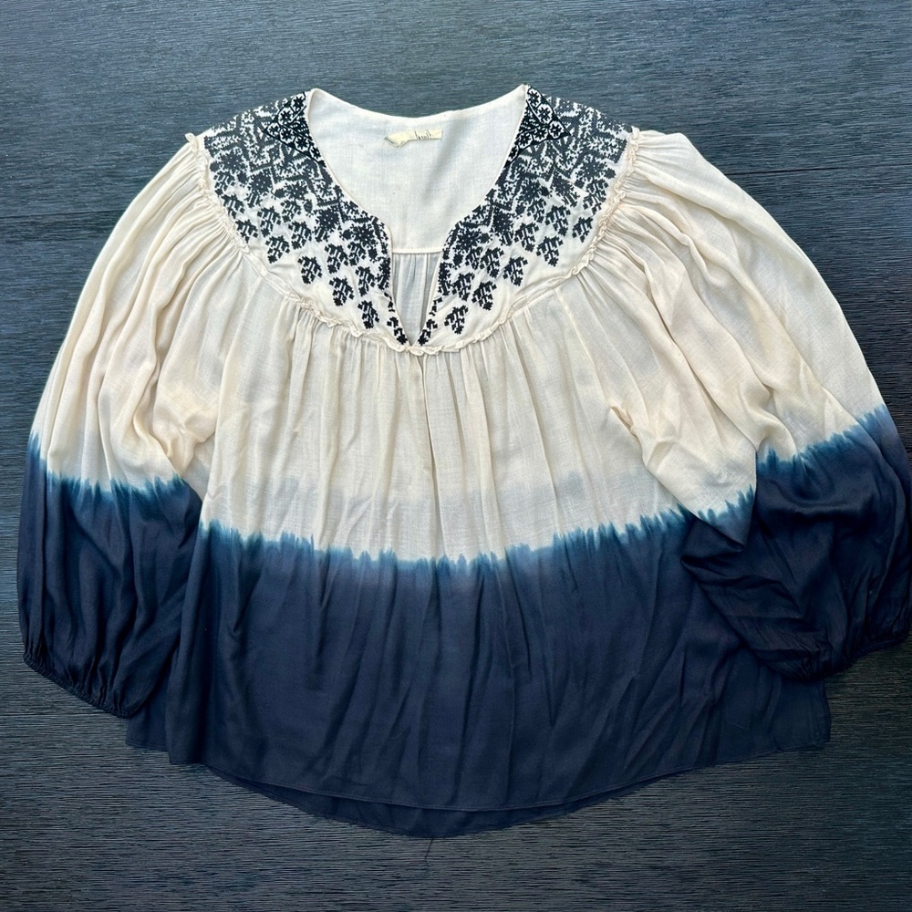 Floreat Anthropologie Tunic Blue Cream Ombre Embroidered Boho Balloon Sleeve M